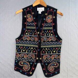 Erez Levy Suit Vest Mens Small Black Leather Embroidered Paisley Boho Multicolor